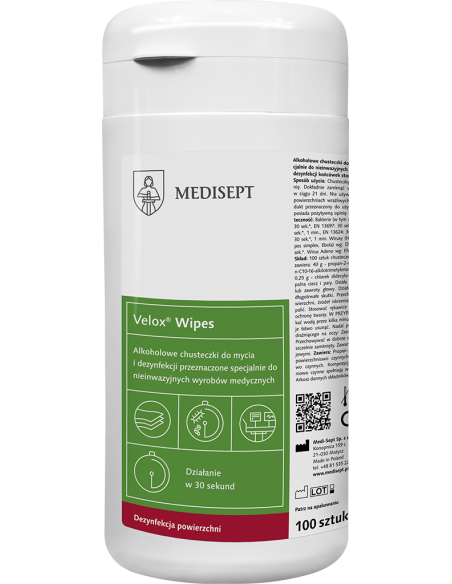 MEDISEPT Velox Wipes - alkoholowe chusteczki do dezynfekcji 100szt. w tubie MEDISEPT Velox Wipes - alkoholowe chusteczki do dezynfekcji 100szt. w tubie